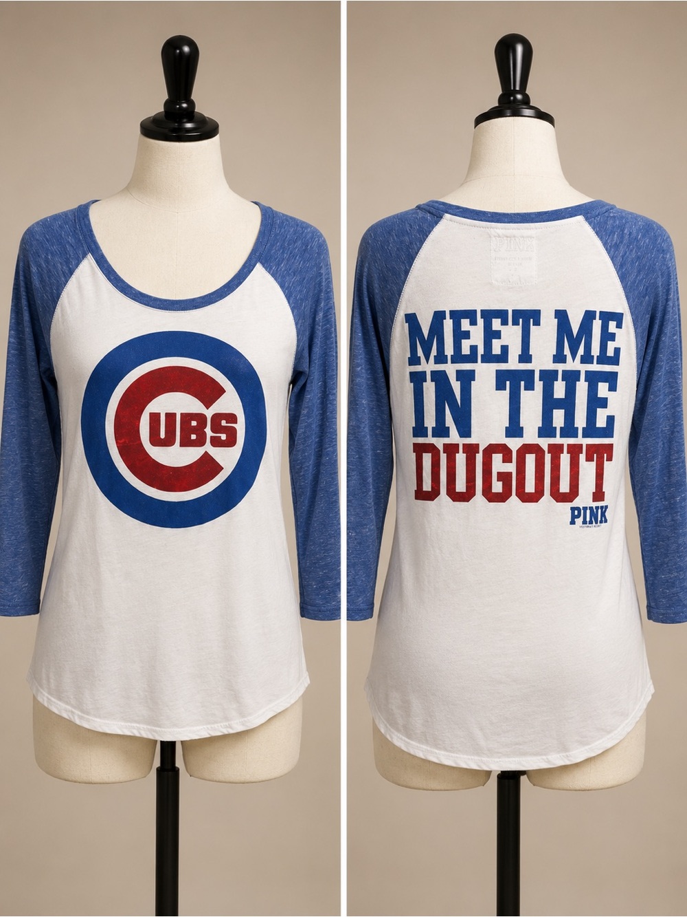 PINK Chicago Cubs Raglan Tee - White & Royal Blue with Red Logo